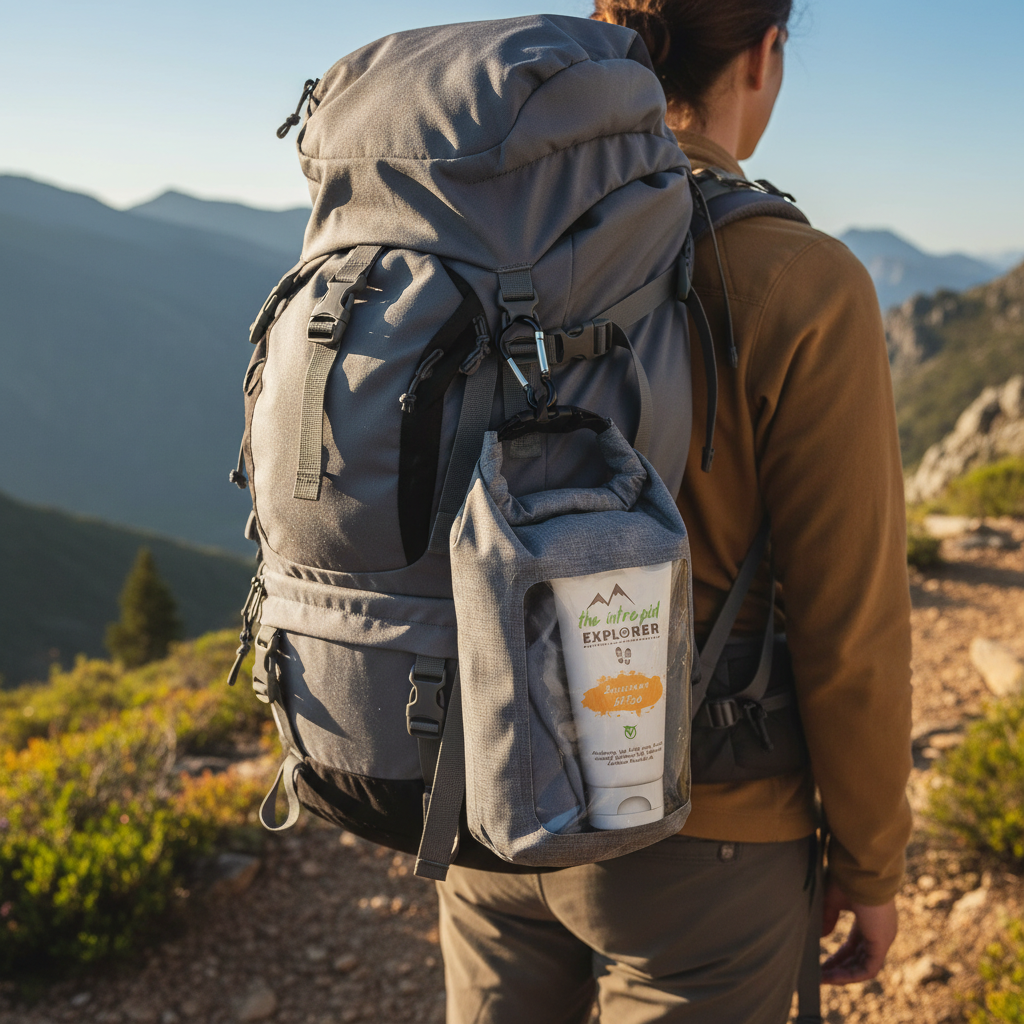 Dry wash bag with sunscreen clipped to hiker's backpack