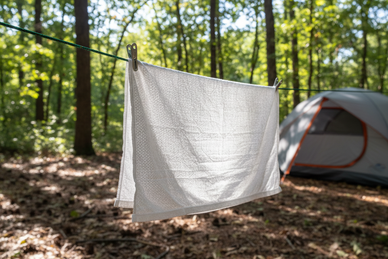 Hanging on tent guy rope