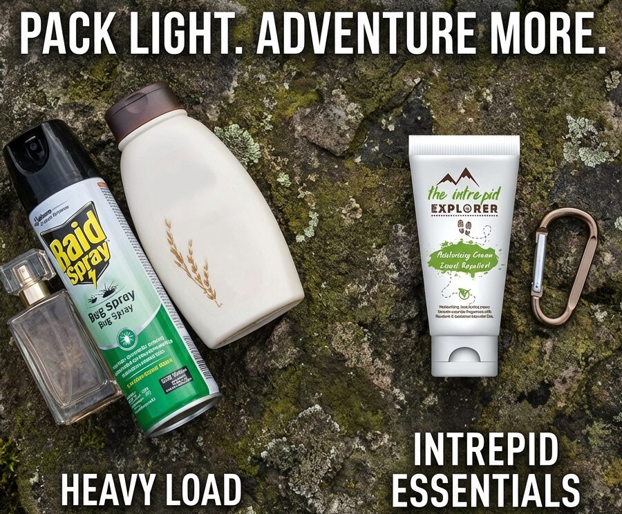 Side-by-side comparison of bulky traditional bug sprays versus compact Intrepid Explorer skincare essentials on rugged rocks.